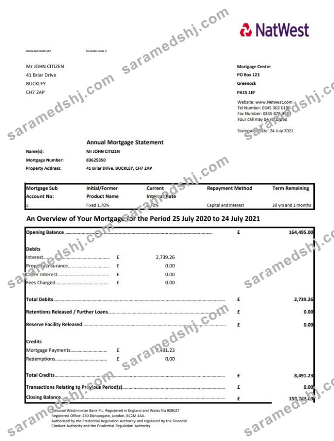 United Kingdom NatWest bank statement template in .xls and .pdf file format